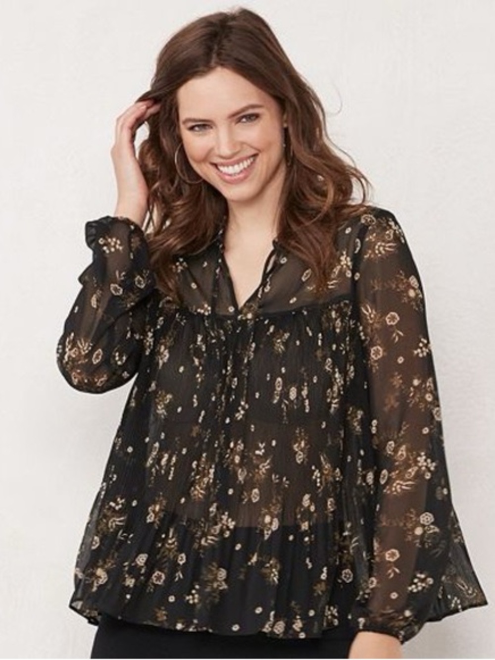 LC Lauren Conrad Black Sheer Floral Pleated Blouse